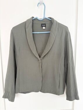 Eileen Fisher Silk Blazer Jacket Gray Olive Shawl Collar Stretch 1 Button - Sm